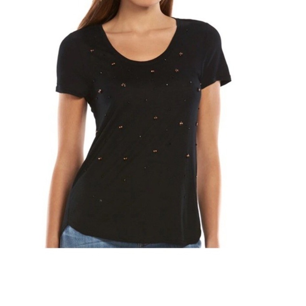 Jennifer Lopez Black Beaded Scoopneck Black T shirt Womens size 1X‎